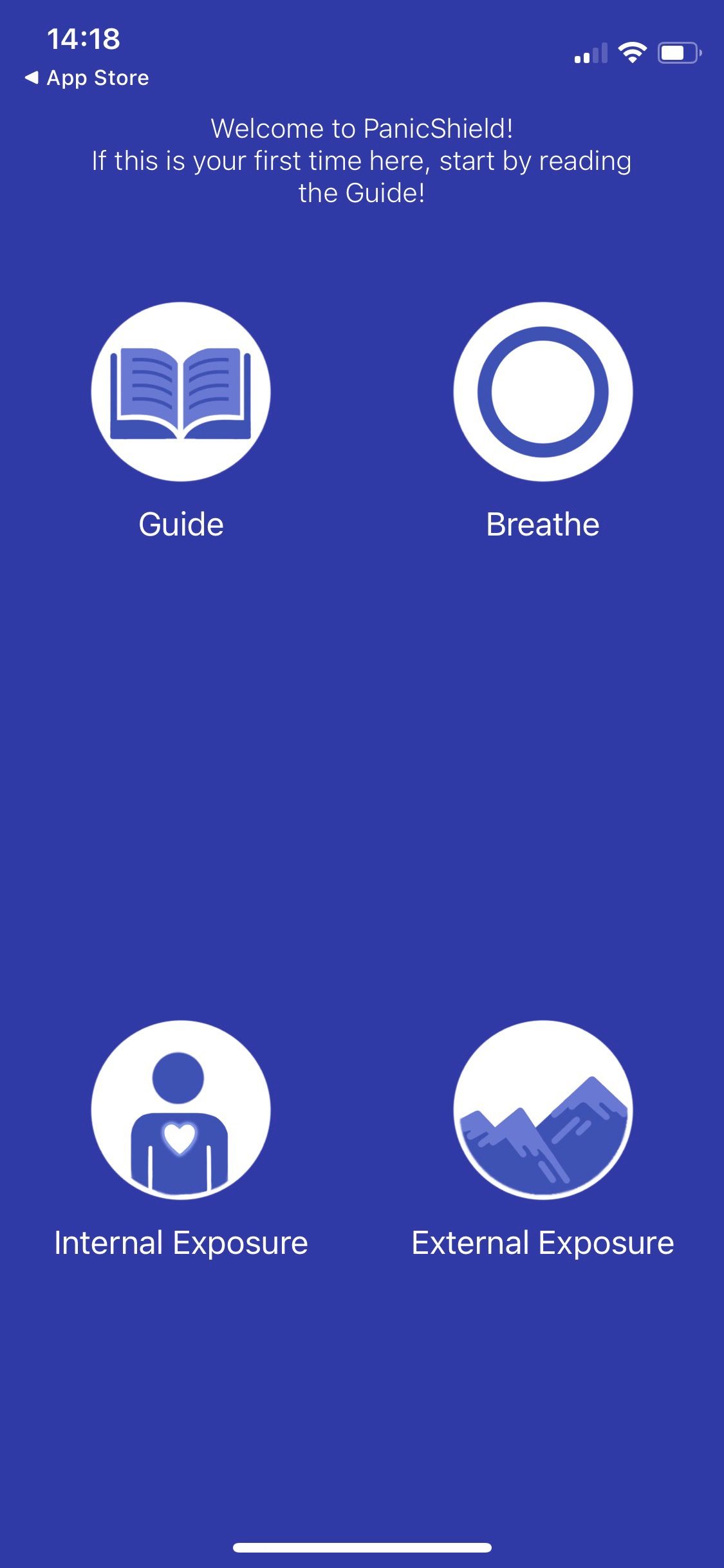 Screenshot of the PanicShield app showing four help options