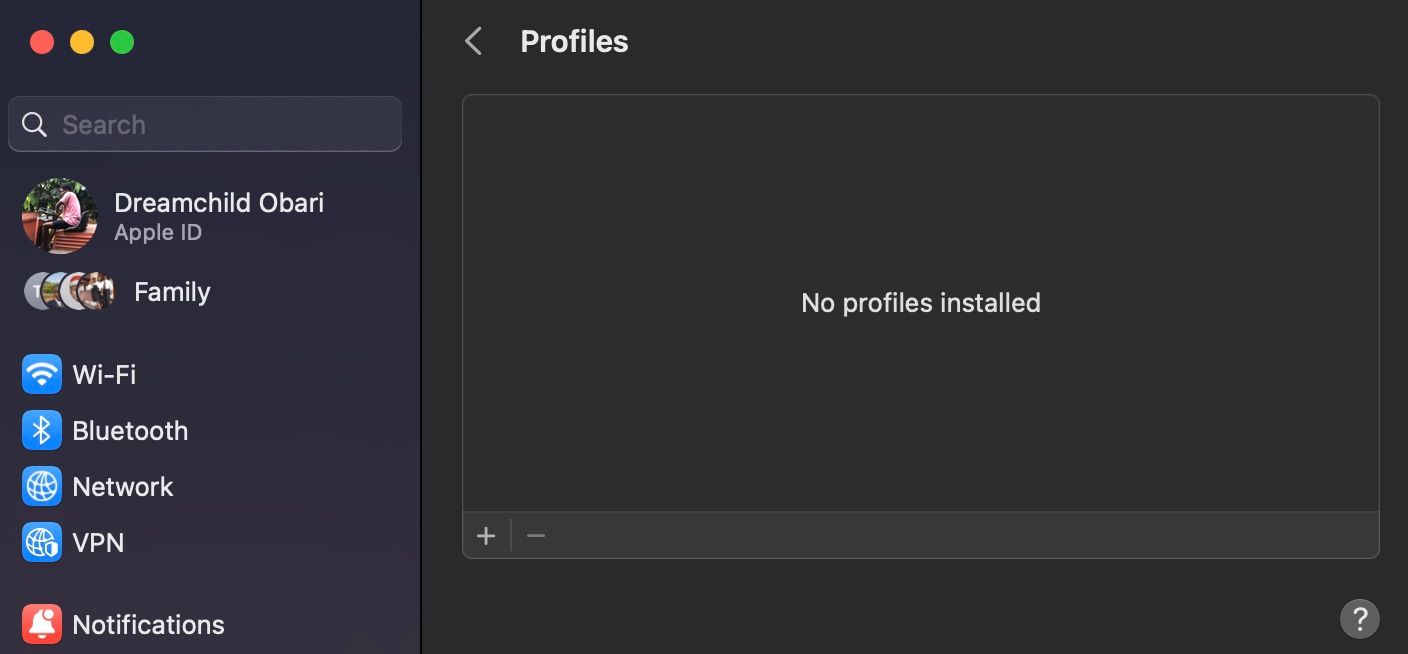 Screenshot of profiles in system settings
