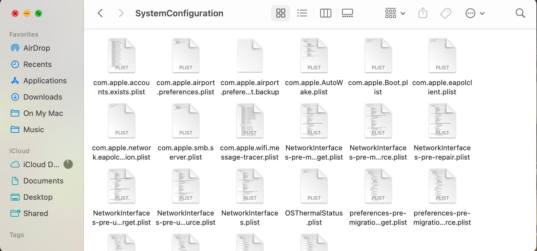 A screenshot of the SystemConfiguration folder in the Finder
