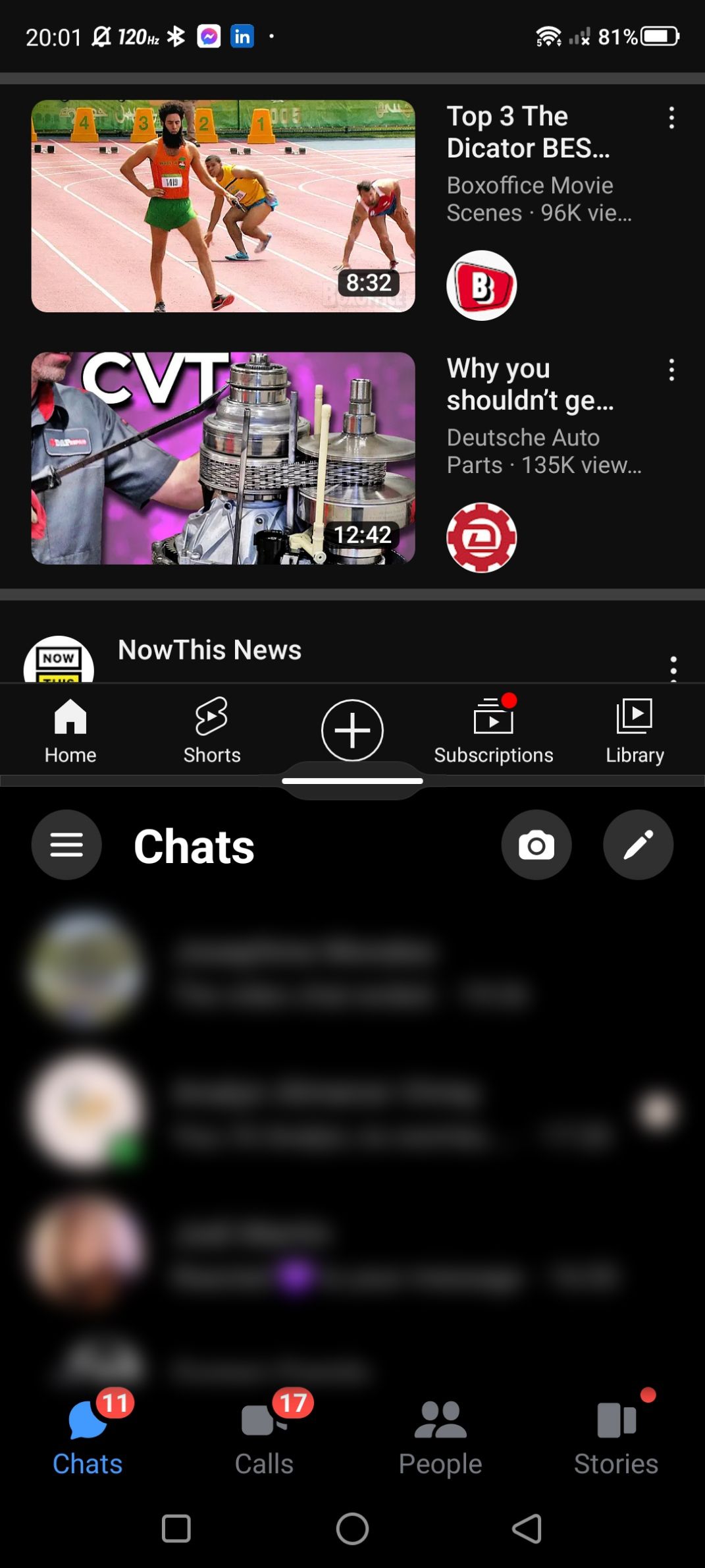 YouTube and Messenger split screen displays Android