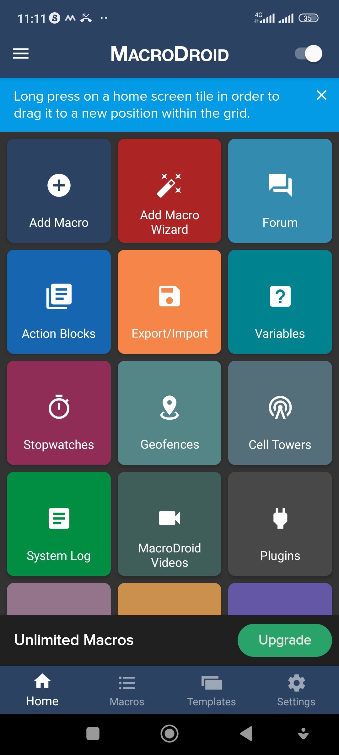 Screenshot of MacroDroid home screen with automation tools