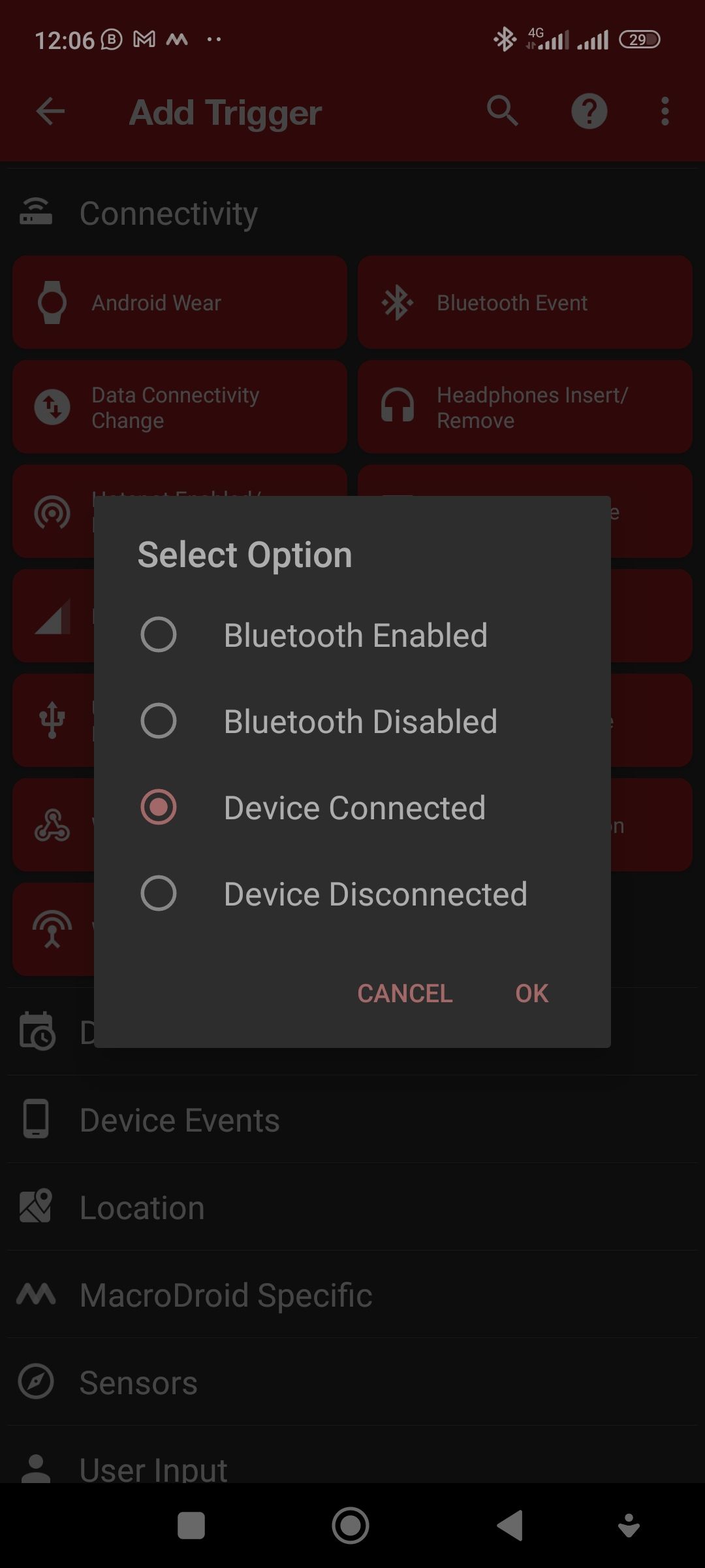 Setting up a Bluetooth connection trigger on MacroDroid