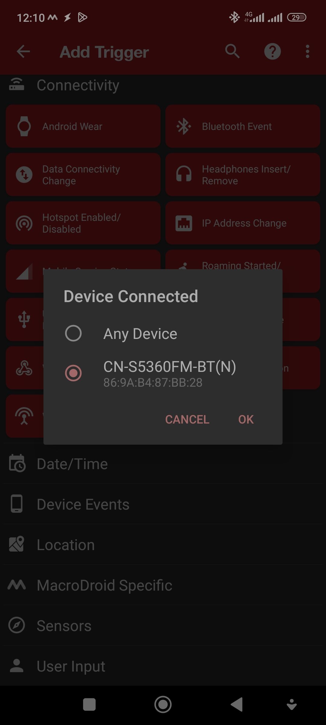 Setting up MacroDroid trigger for specific Bluetooth devices