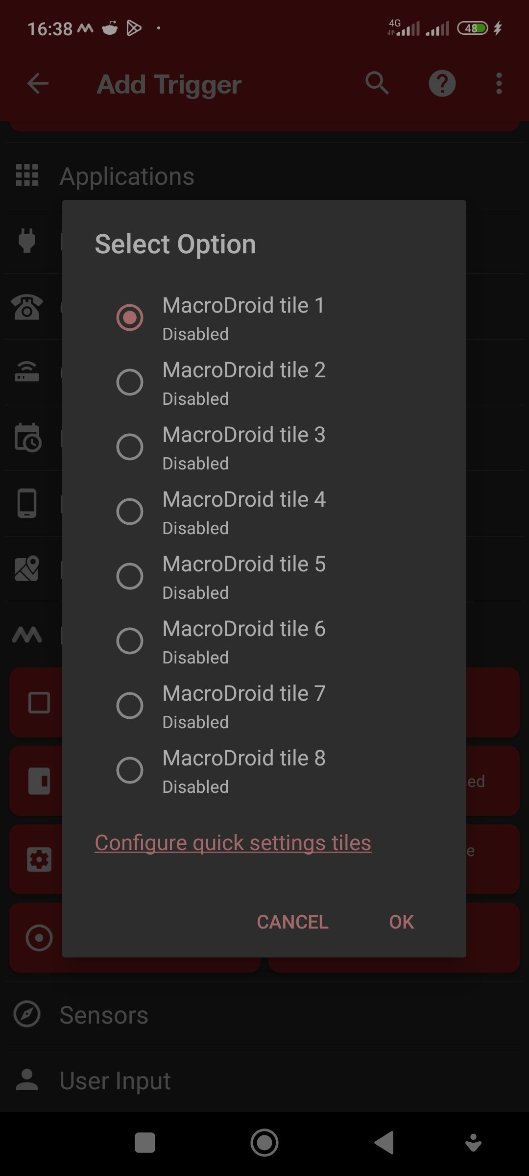 Quick Settings Tiles configuration on MacroDroid
