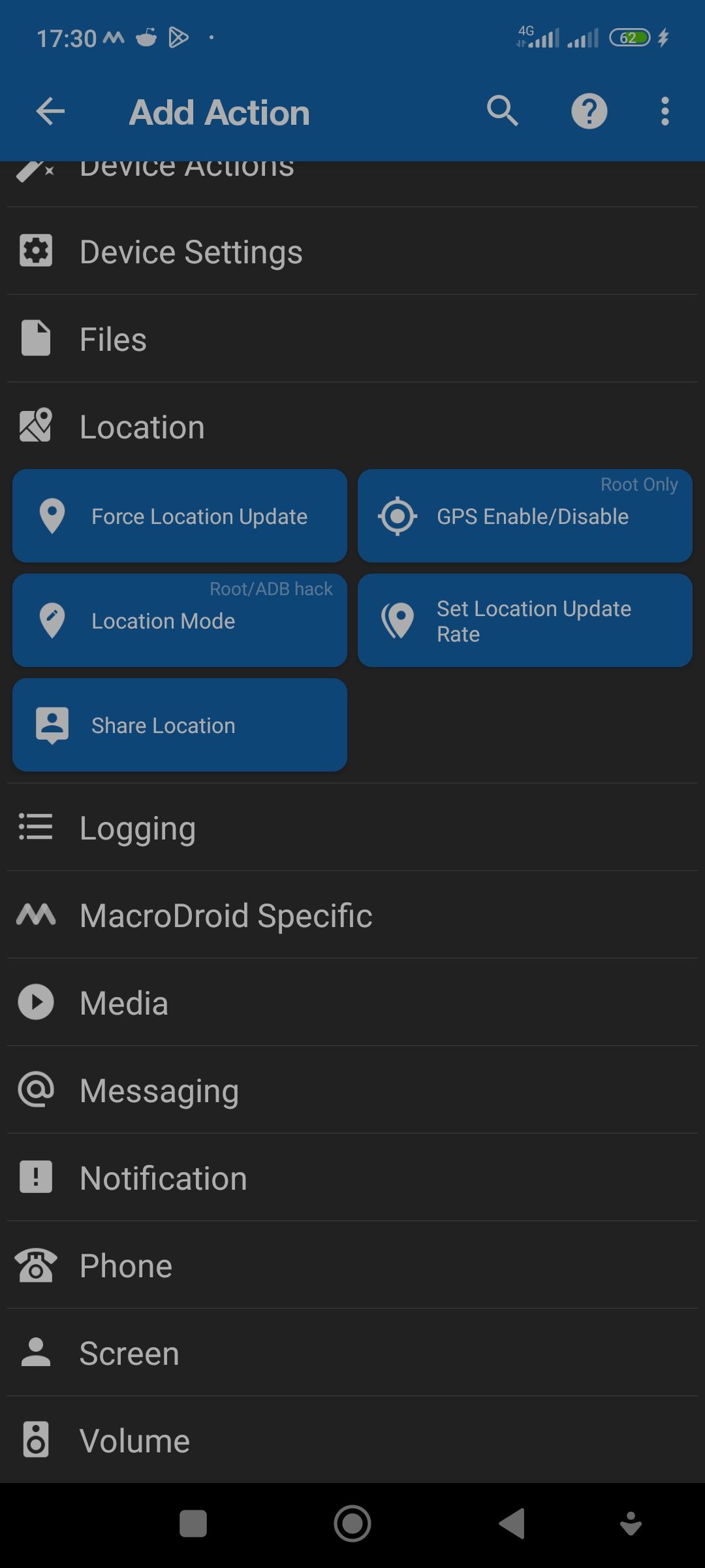 Configuring location actions in the MacroDroid app