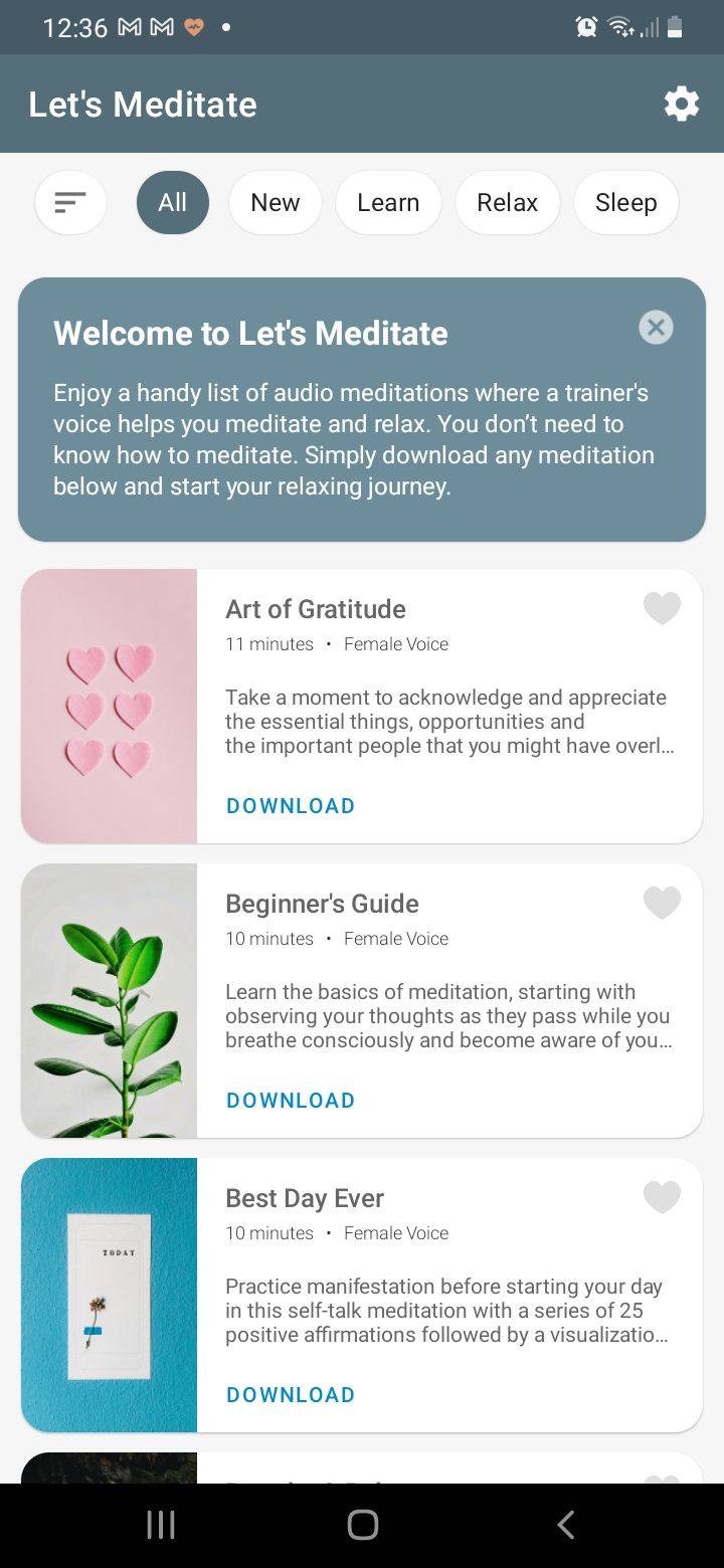 Let's Meditate app all meditations page