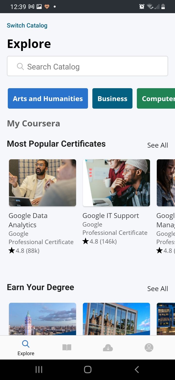 Coursera app explore courses 