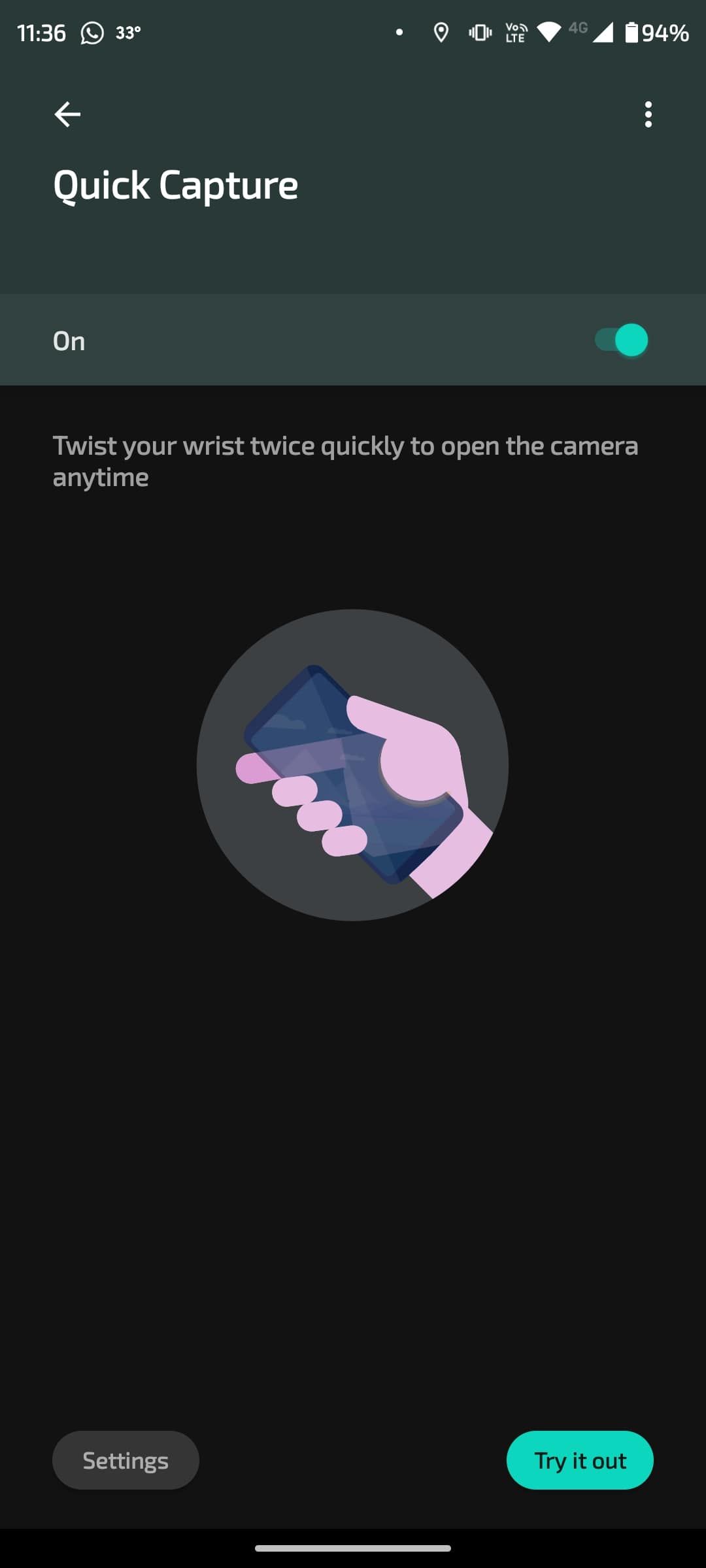 Quick capture menu with hand holding phone