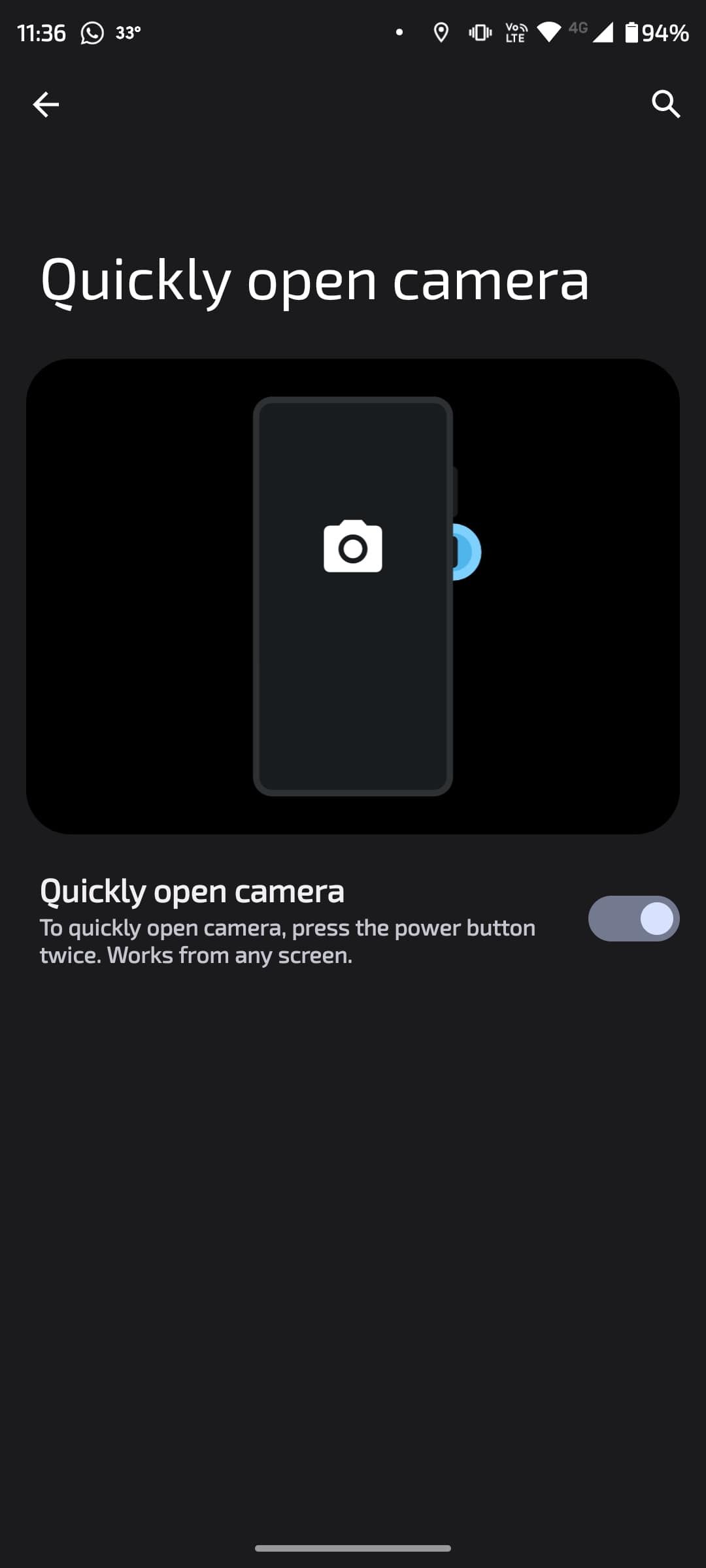 Double-tap camera option menu with phone displaying camera logo