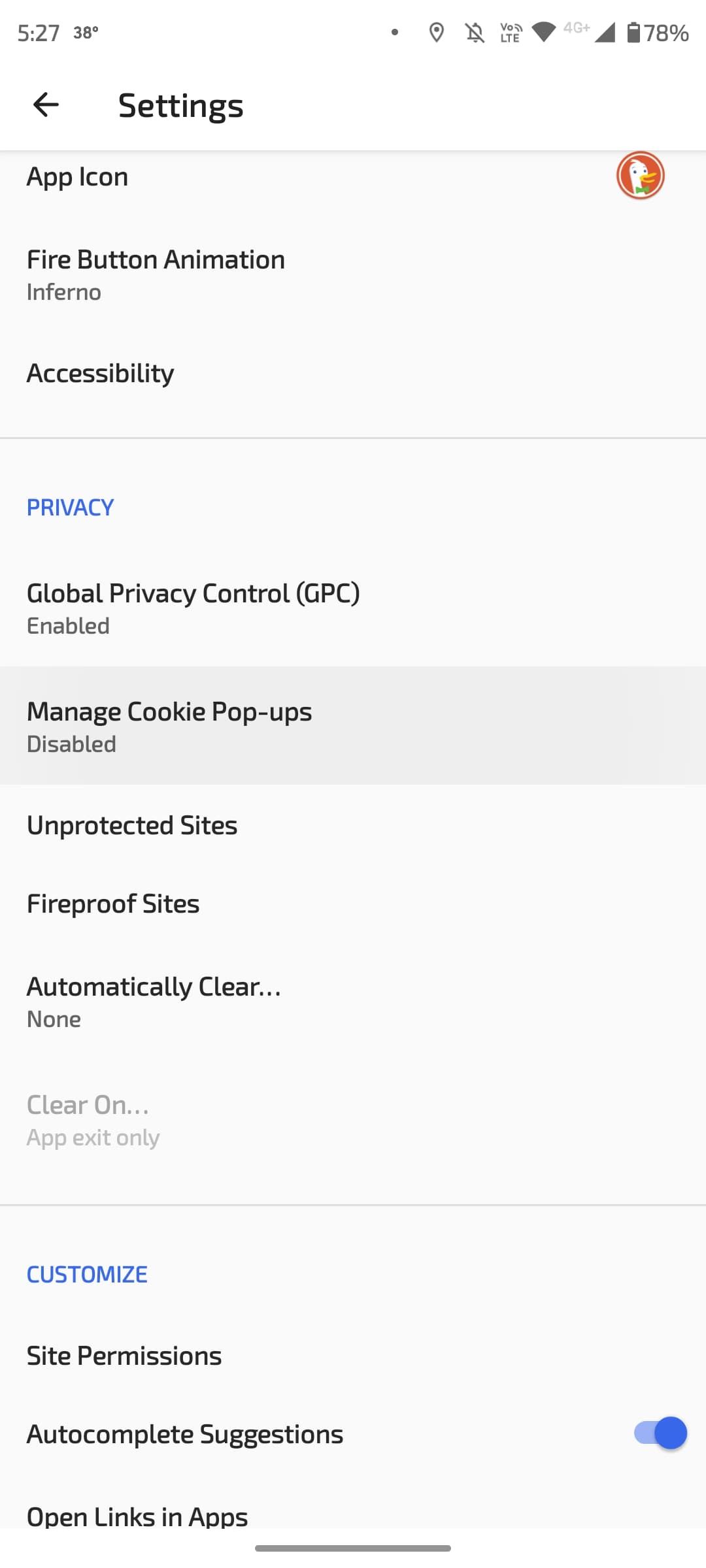 Settings menu with Manage cookie pop-ups highlighted