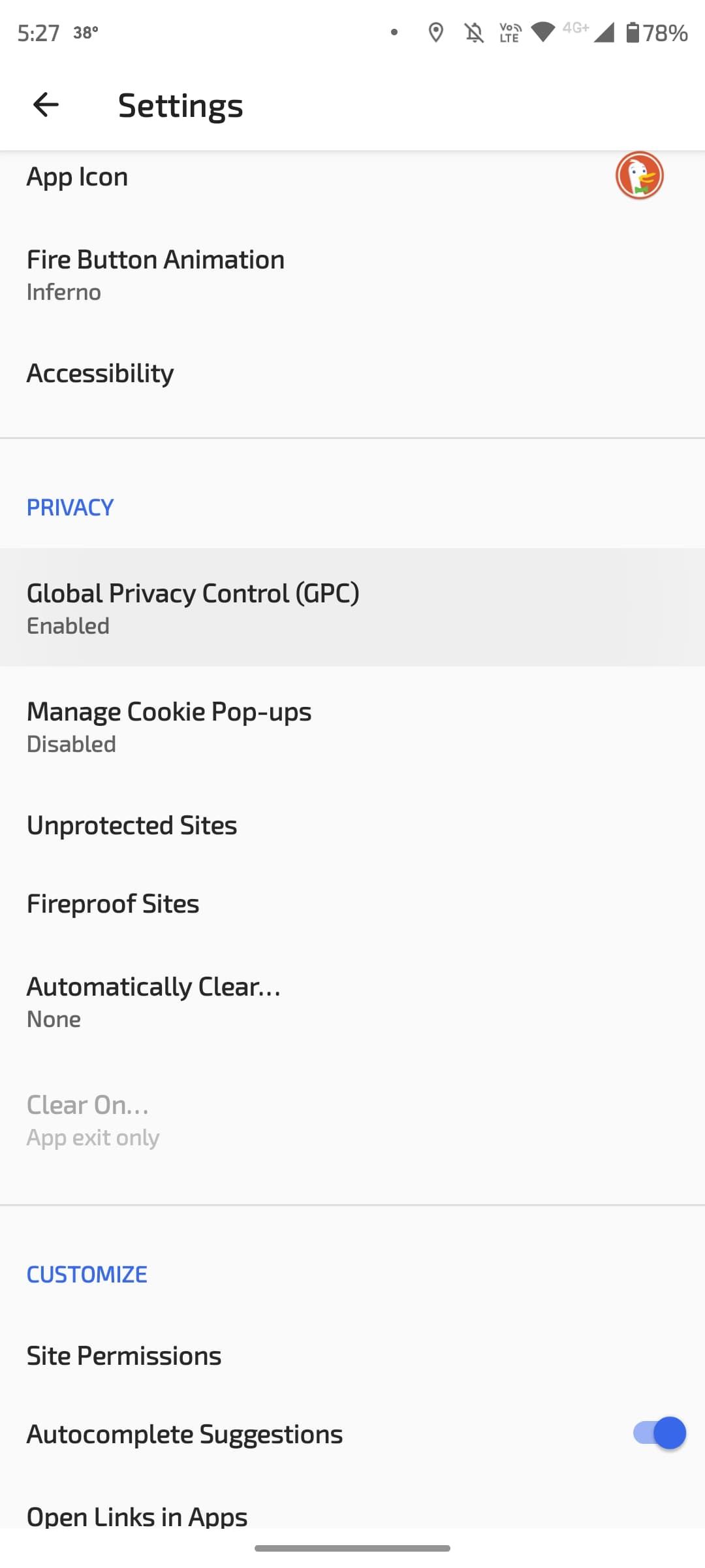 Settings page with list of options for DuckDuckGo