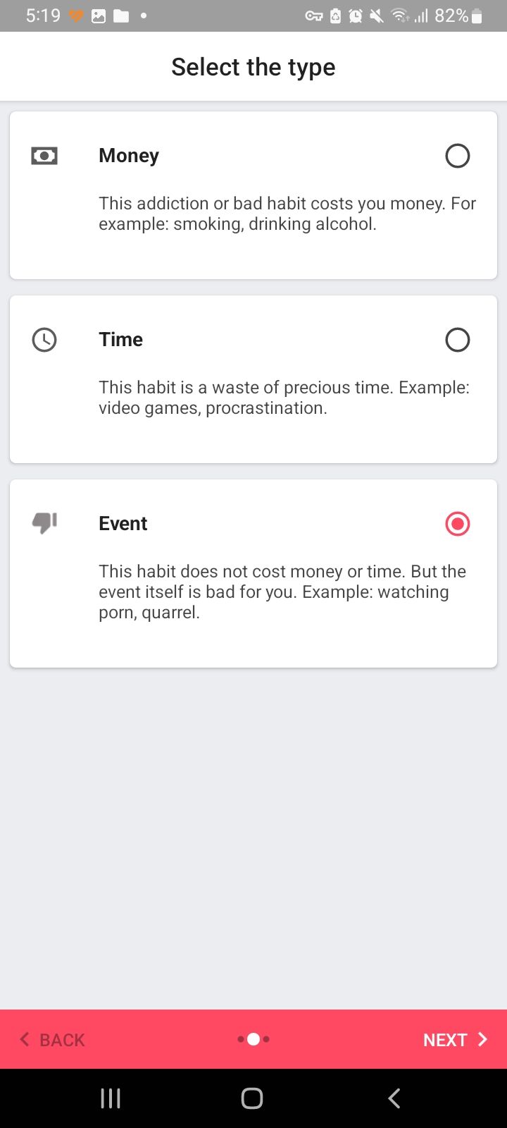 برنامه Quitzilla Bad Habit Tracker نوع عادت بد را انتخاب کنید