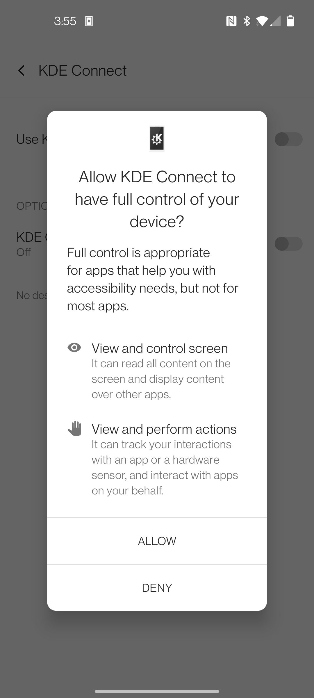 Android screenshot with window for allowing or denying full control