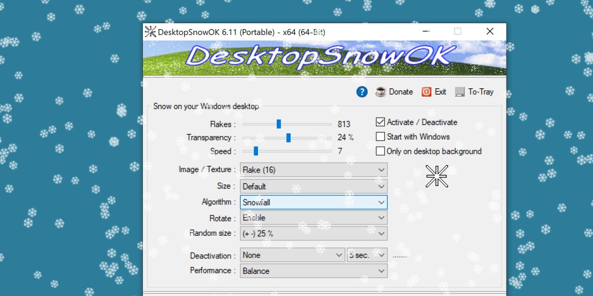 capture d'écran de l'application DesktopSnowOk avec des flocons de neige qui tombent