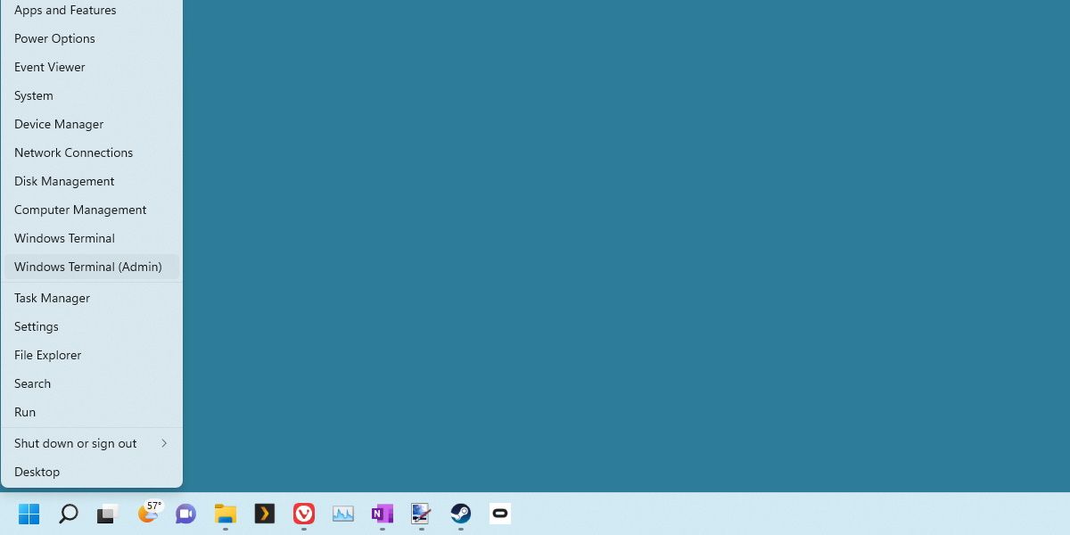 screenshot of the quick command menu opening windows terminal in admin mode