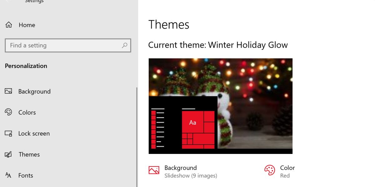 capture d'écran du menu du thème Windows