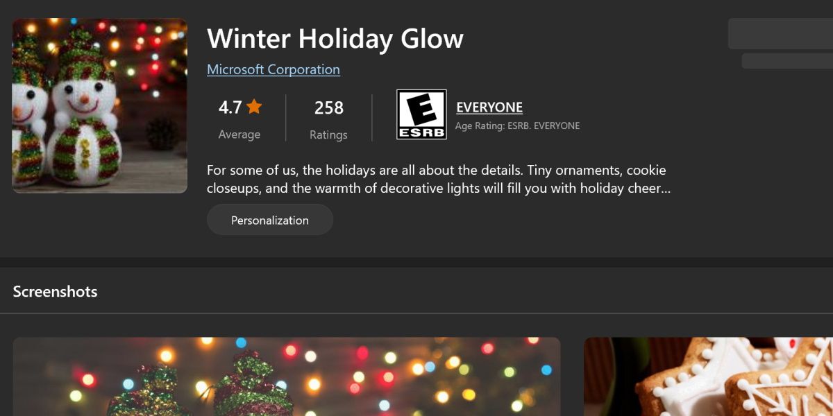 capture d'écran de la lueur des vacances d'hiver dans le Microsoft Store