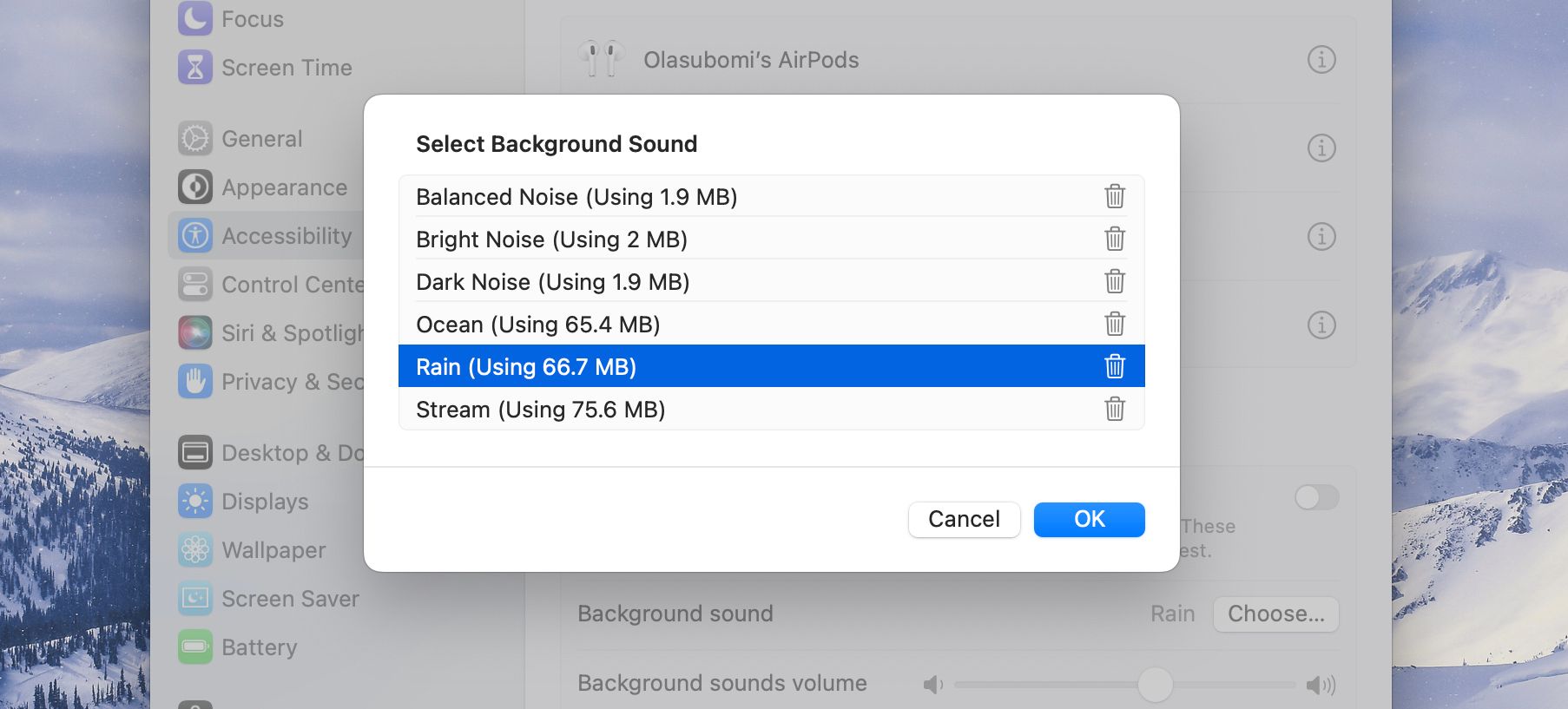 Select Background Sound in System Settings