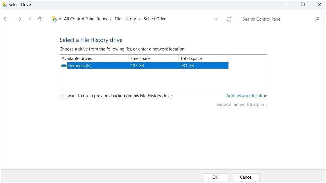 Select File History Drive Windows