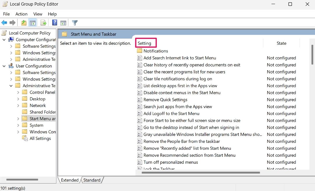 Setting option in the Policy Editor