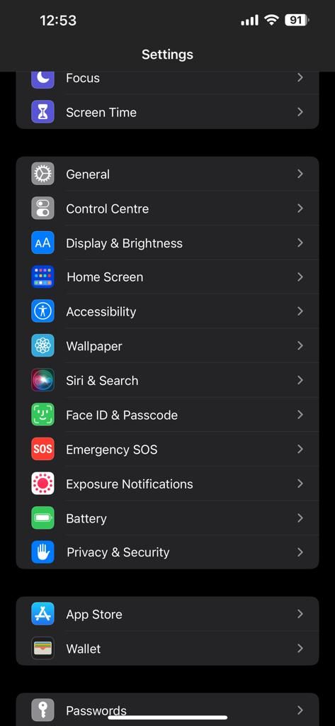 Screenshot showing iPhone settings