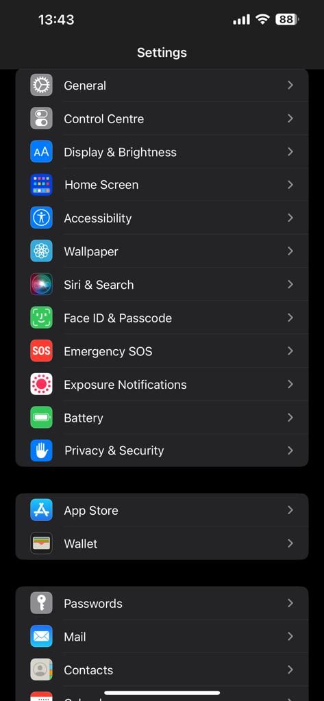 Screenshot showing the iPhone settings