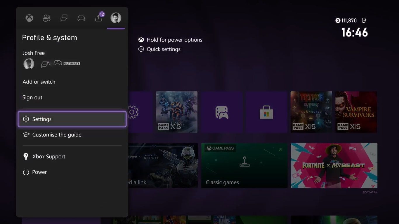 A screenshot of the Xbox Series X guide menu with Profile and System settings highlighted