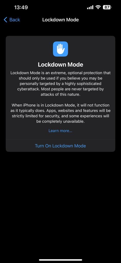 Screenshot showing iPhone's Privacy & Security settings