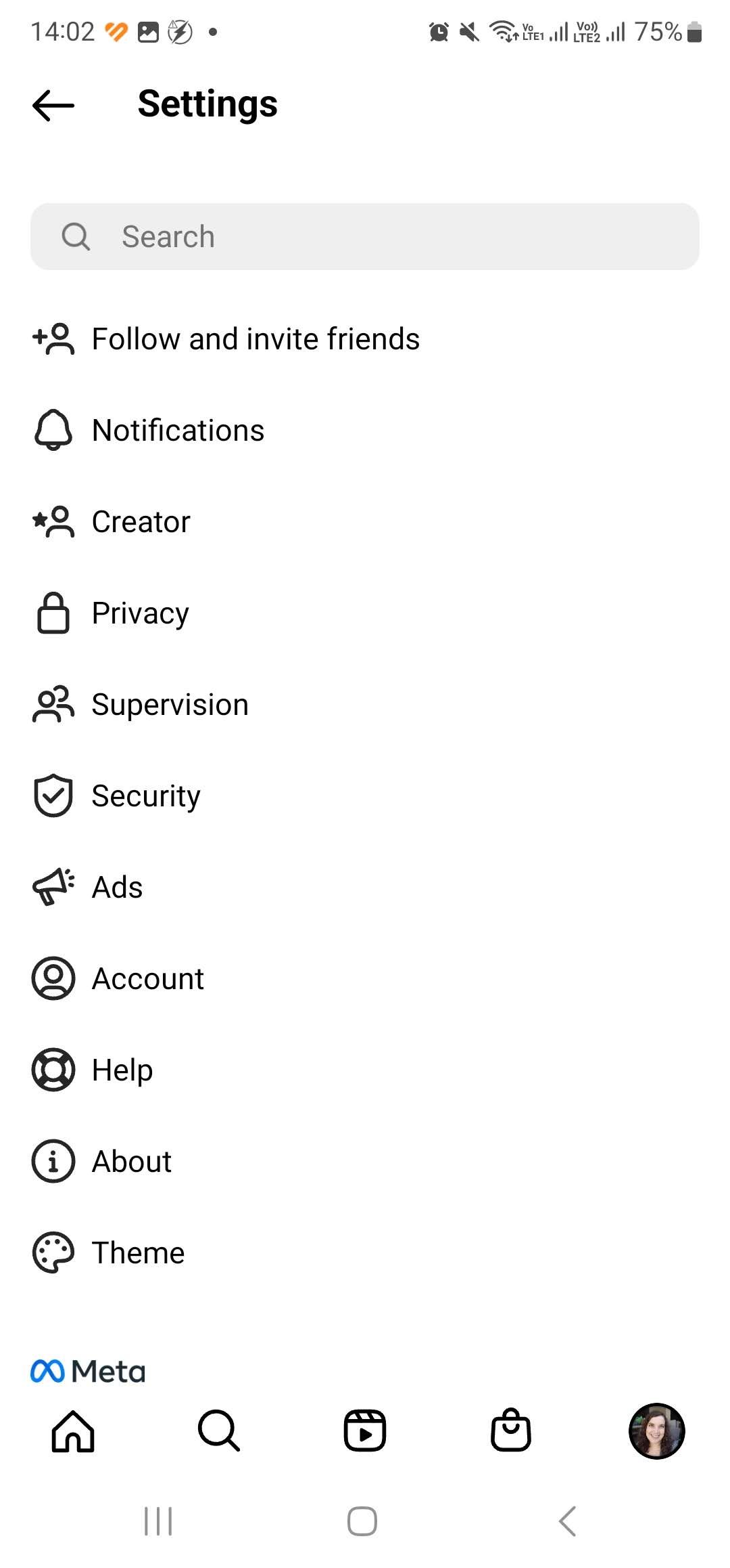 settings page with account option
