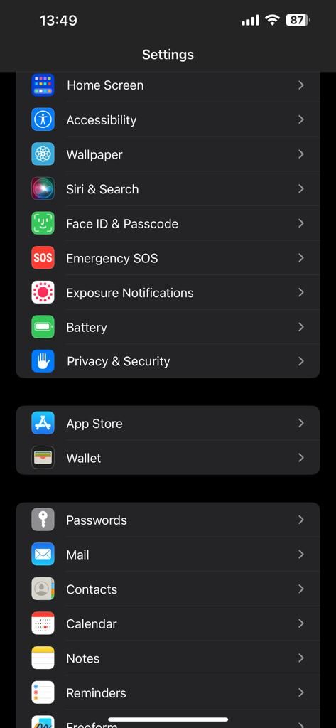 Screenshot showing iPhone's settings