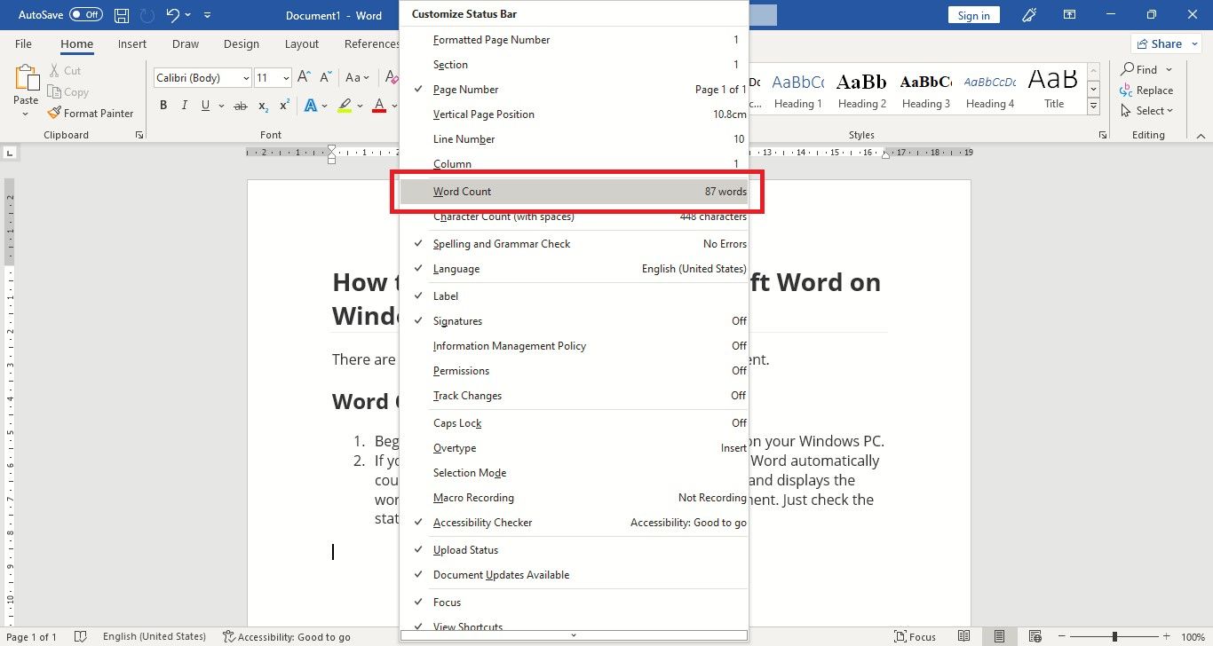 Word Count Option in Customize Status Bar Menu