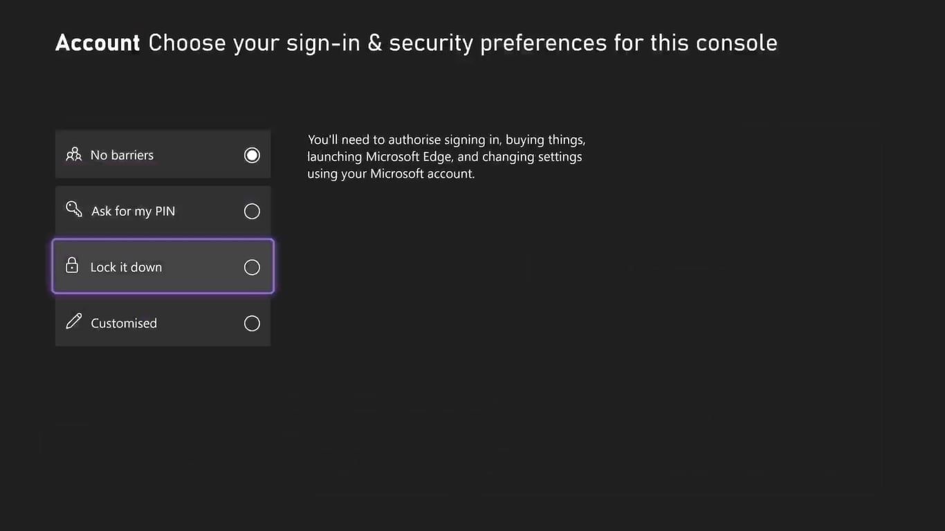 A screenshot of the Sign In and Security Preferences options on an Xbox Series X with Lock It Down highlighted 