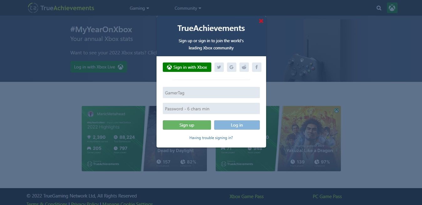 Ảnh chụp màn hình của trang đăng nhập cho năm TrueAchievements Xbox được đánh giá cho năm 2022 