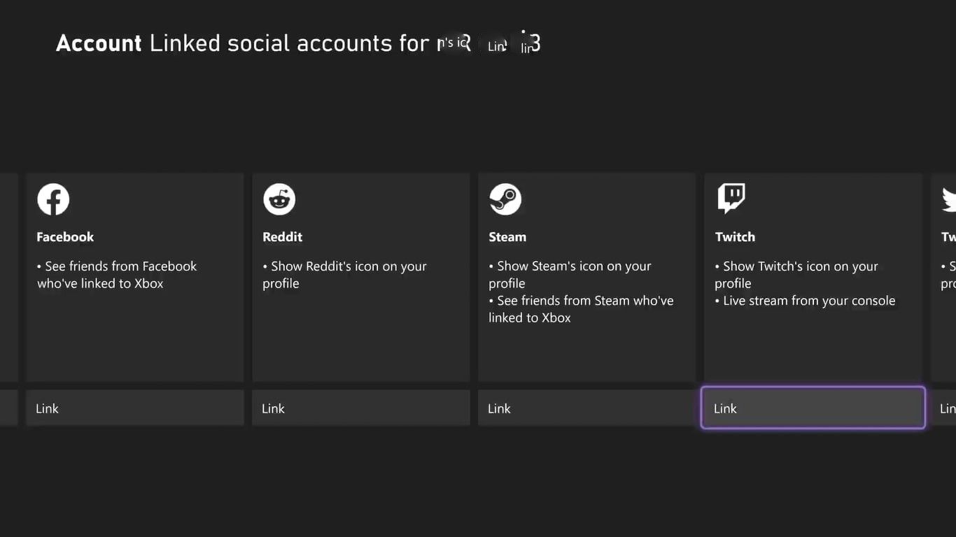 A screenshot of the linked social accounts page on an Xbox Series X with Twitch highlighted 