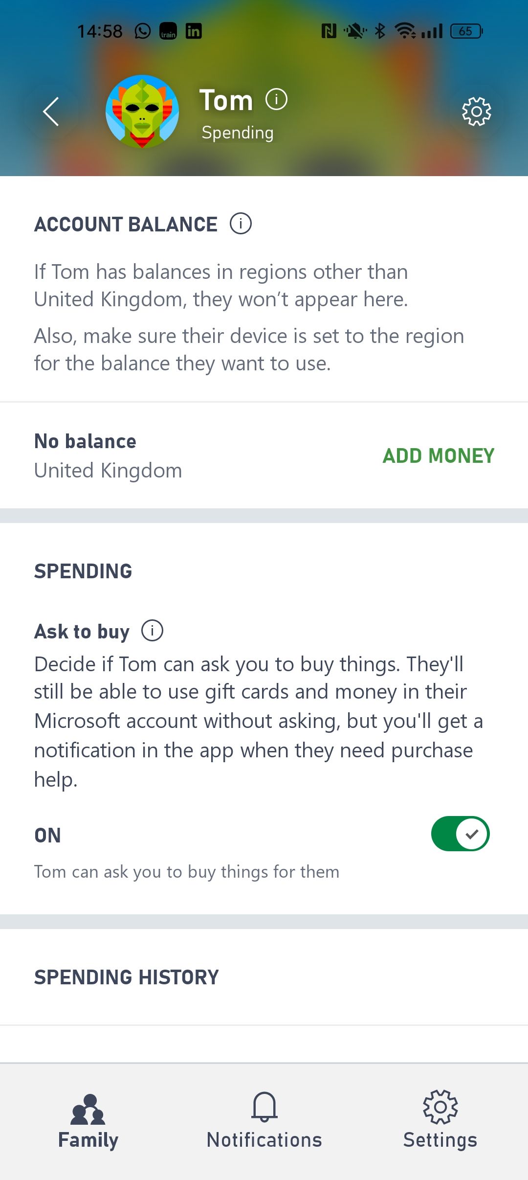 A screenshot of the parental controls to spend in the Xbox Family Settings app