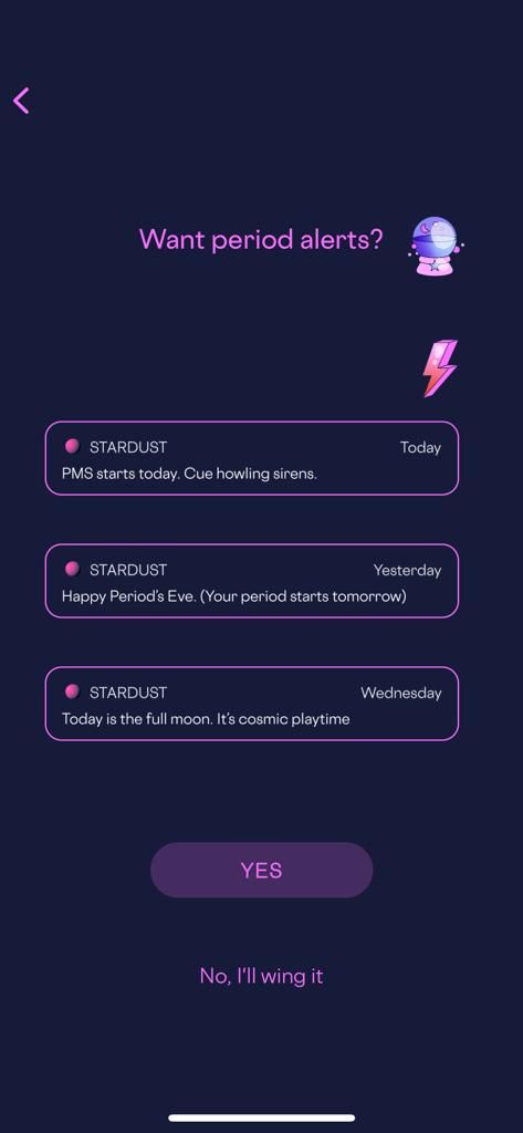 راه اندازی برنامه Stardust Period Tracker - هشدارهای دوره