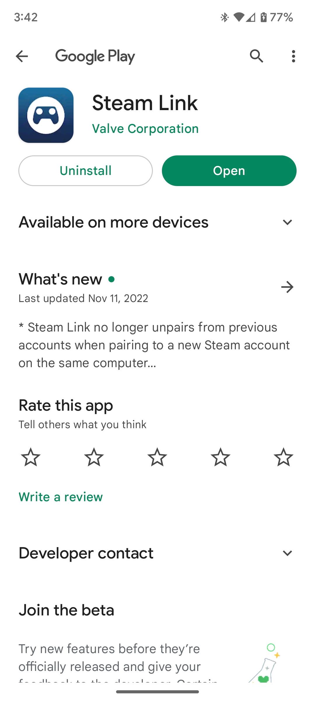 La page Android pour Steam Link