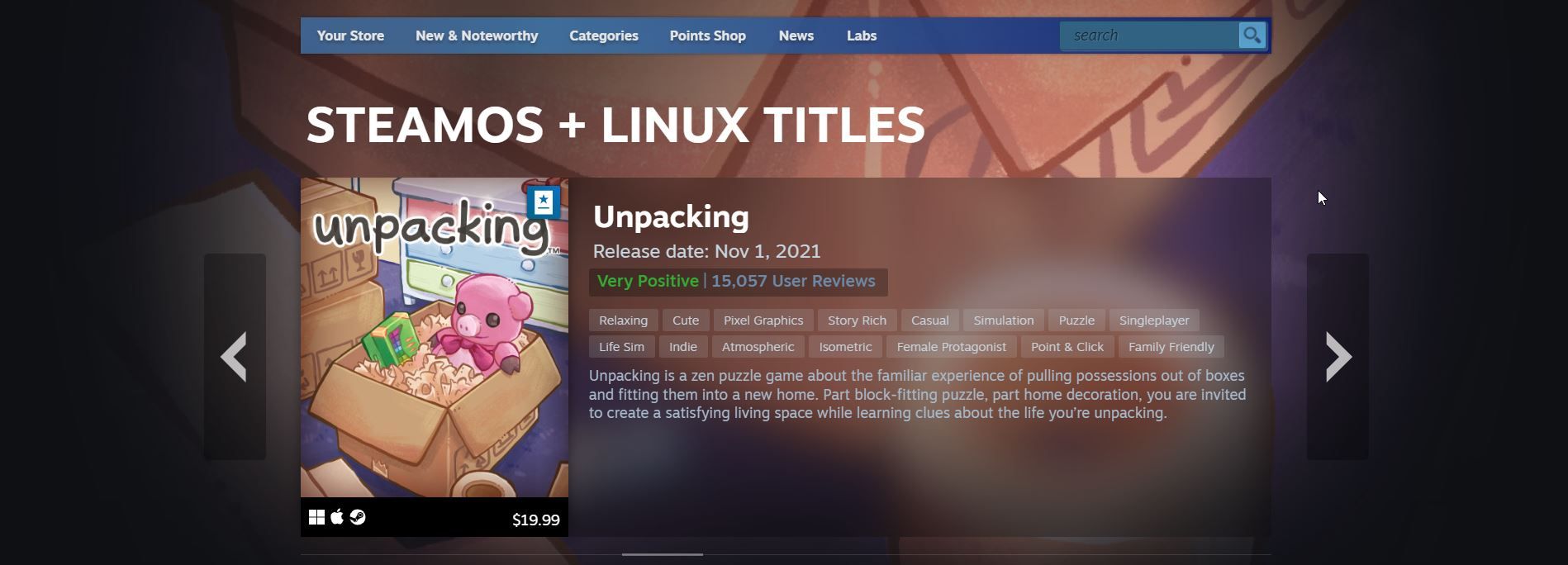 Seam Linux games store page in December 2022