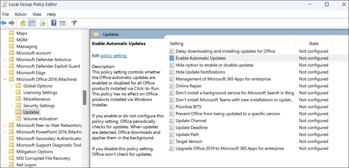 Stop Automatic Office Updates Using Group Policy Editor