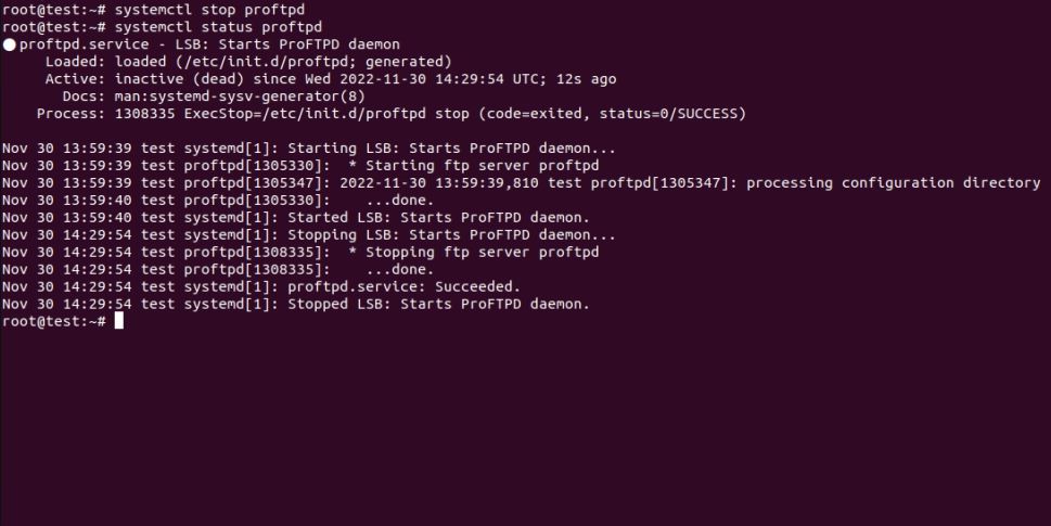 command line showing Proftpd is not running