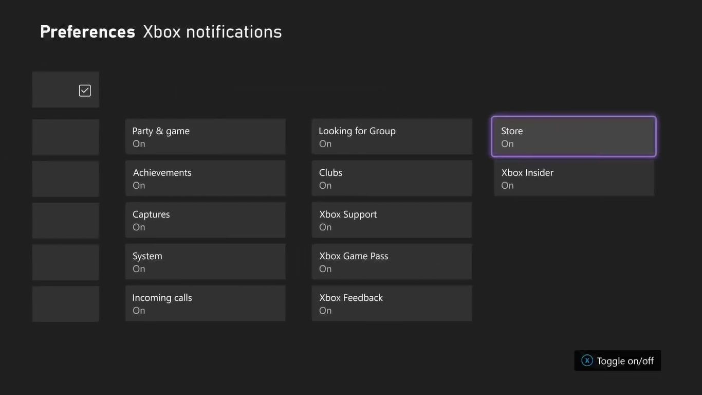 A screenshot of Xbox Series X's Xbox Notification settings with Store highlighted