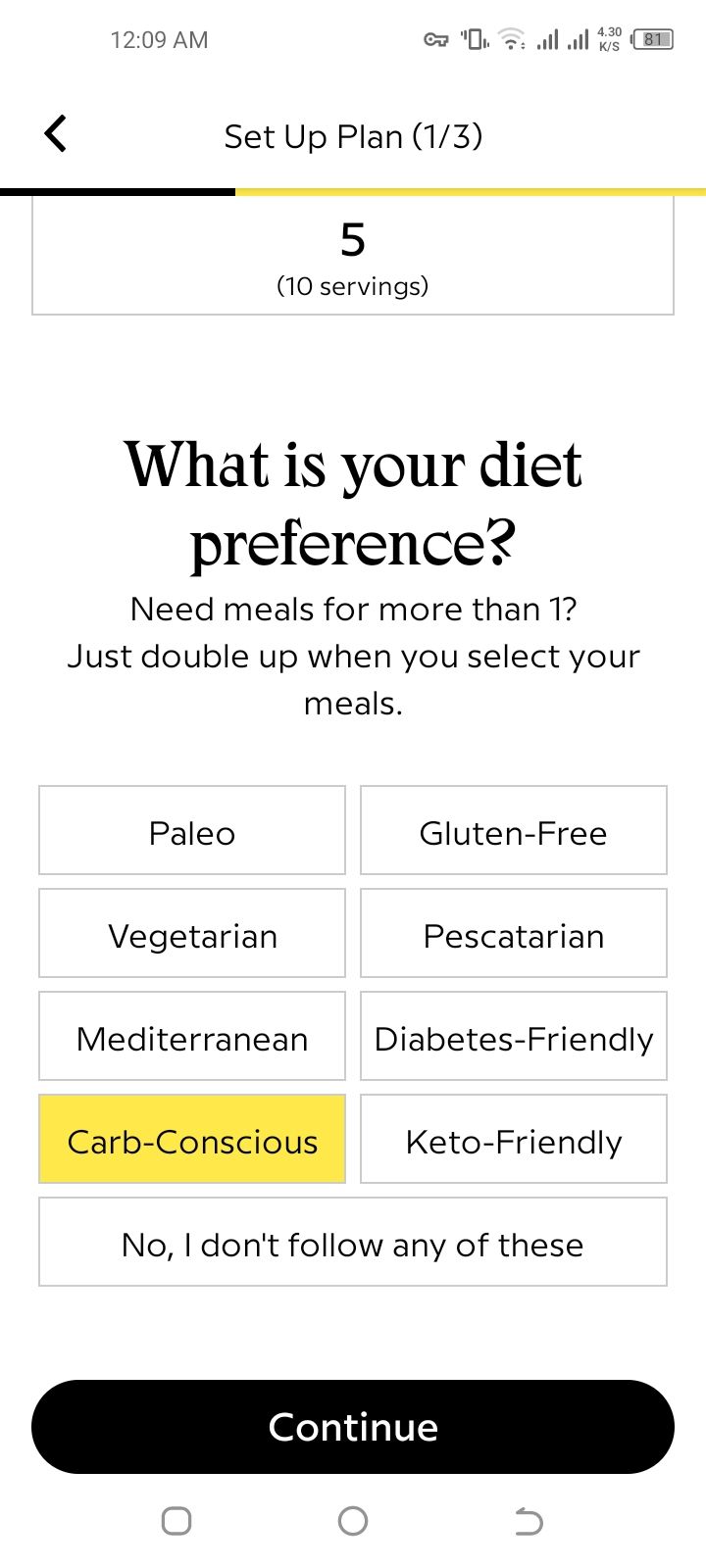Diet preference option on Sunbasket app