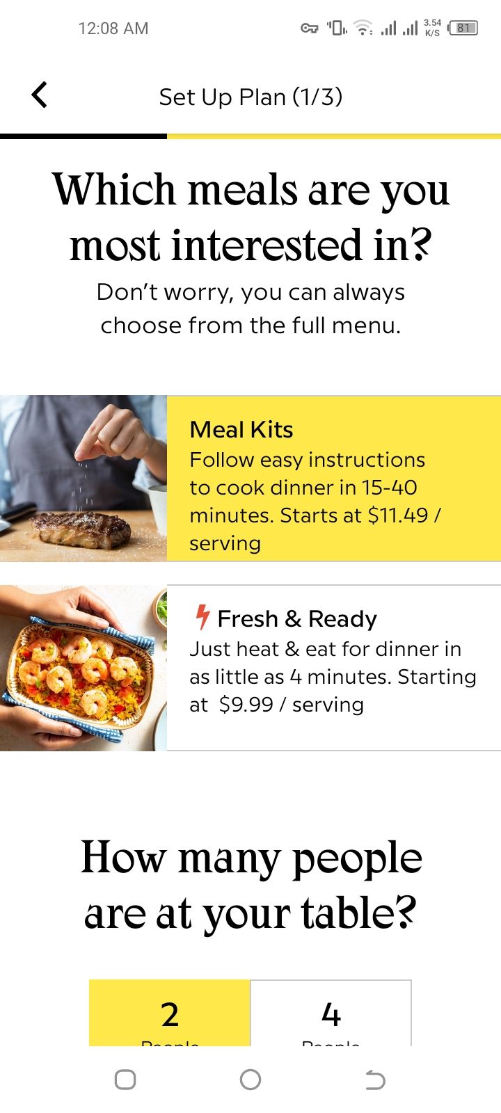Option to choose ready and cooking meal kits on Sunbasket app 