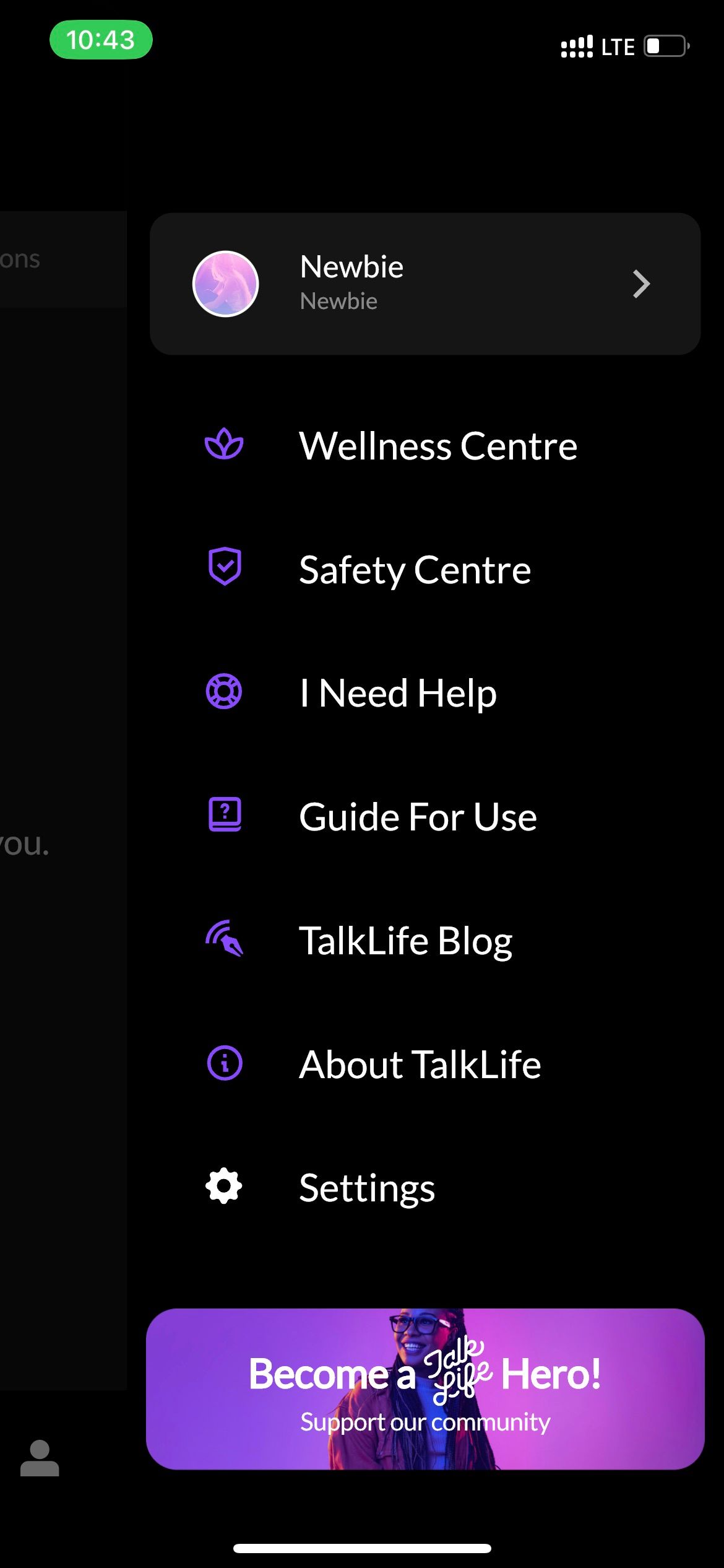TalkLife menu bar showing different options