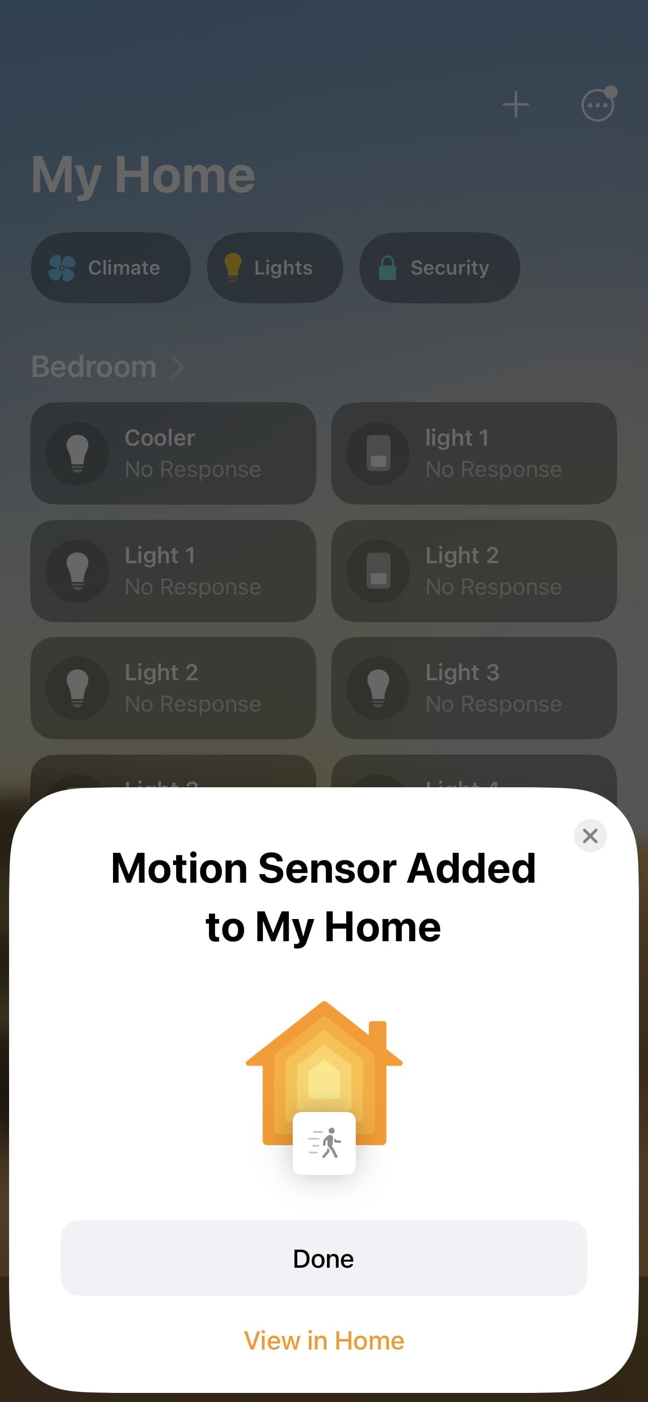 tap done to finish adding motion sensor to home app