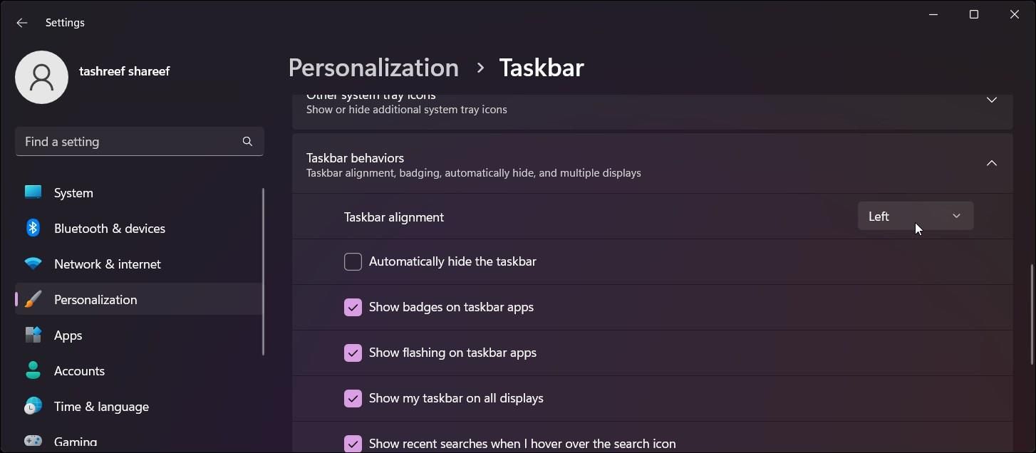 taskbar alighnment windows 11