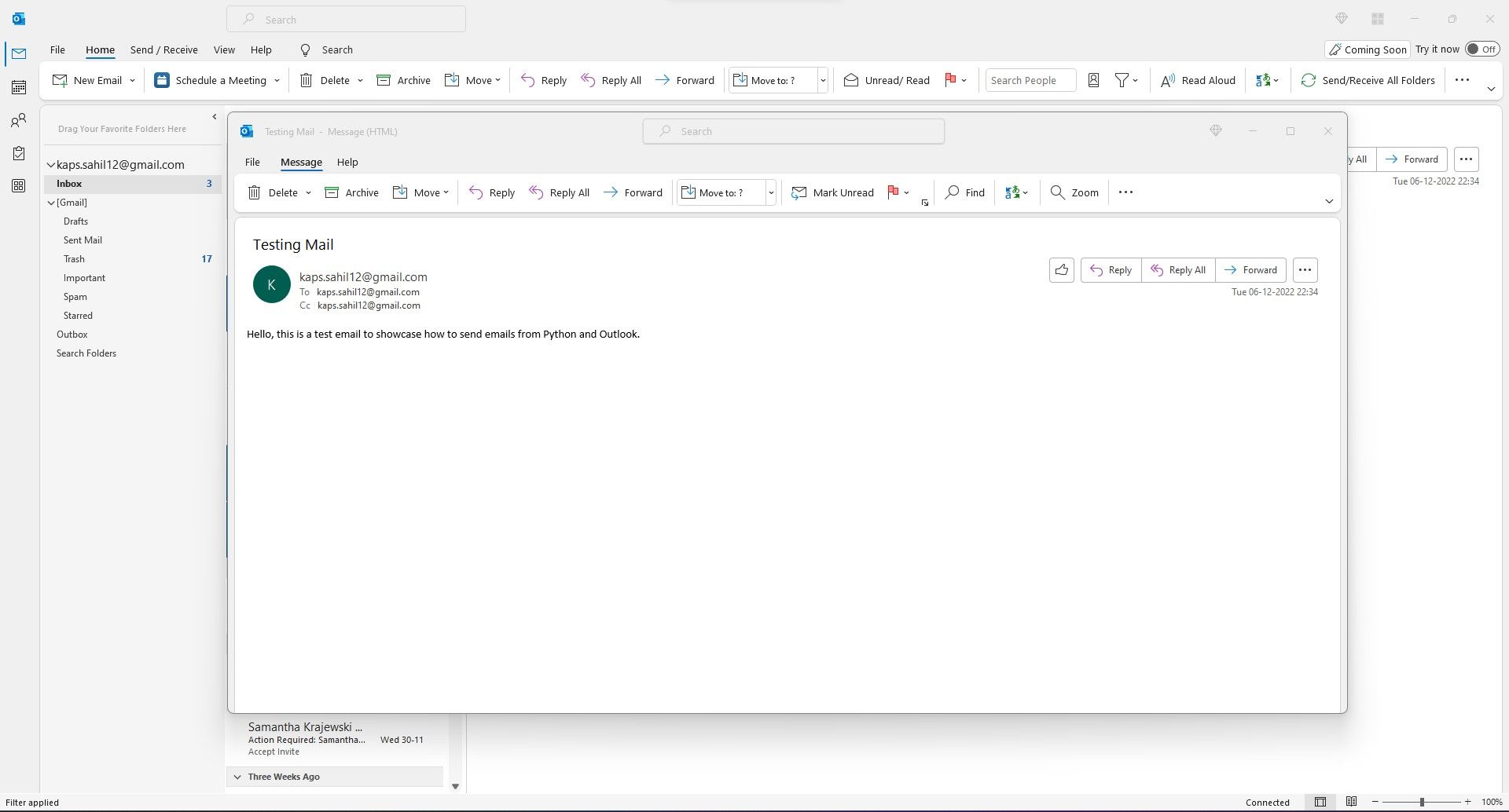 Cuplikan email Outlook dikirim menggunakan Python