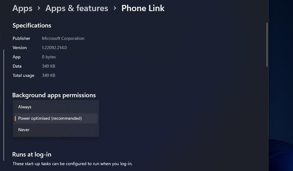 The Background apps permissions drop-down menu 