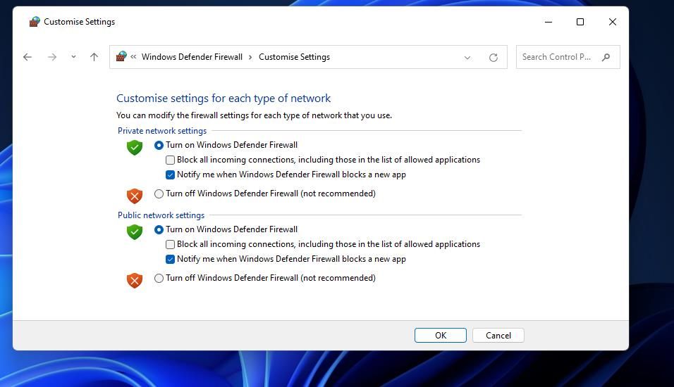 La opción Deshabilitar Firewall de Windows Defender 