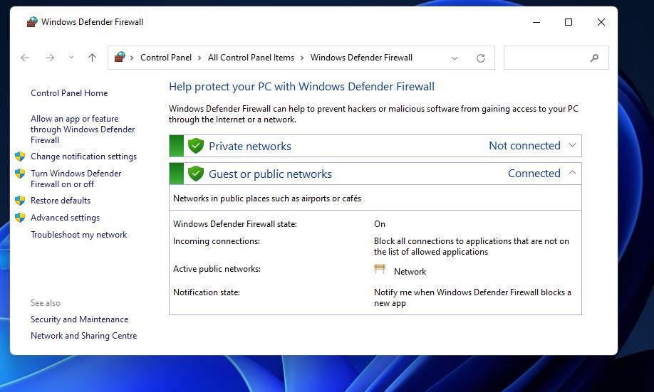 The Windows Defender Firewall applet